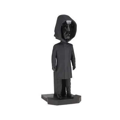 8-inch Squid Games Front Man Bobblehead featuring intricate details, black outfit, and mask, displayed prominently on a shelf.