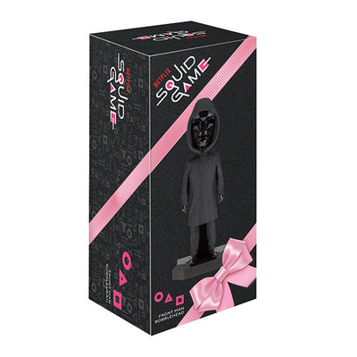 8-inch Squid Games Front Man Bobblehead featuring intricate details, black outfit, and mask, displayed prominently on a shelf.