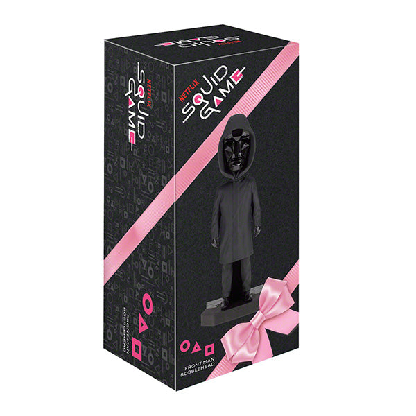 8-inch Squid Games Front Man Bobblehead featuring intricate details, black outfit, and mask, displayed prominently on a shelf.