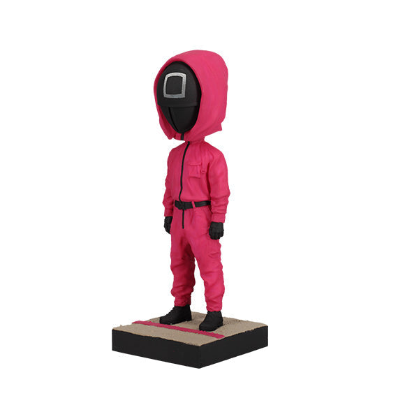 Squid Games Masked Guard Bobblehead featuring a red-suited figure with a black mask in a detailed design, showcasing its unique craftsmanship.