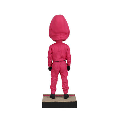 Squid Games Masked Guard Bobblehead featuring a red-suited figure with a black mask in a detailed design, showcasing its unique craftsmanship.