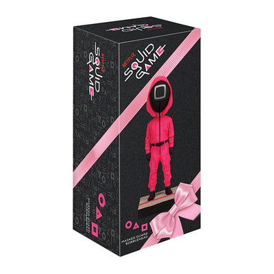 Squid Games Masked Guard Bobblehead featuring a red-suited figure with a black mask in a detailed design, showcasing its unique craftsmanship.