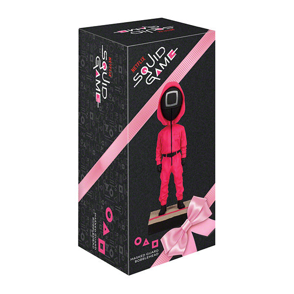 Squid Games Masked Guard Bobblehead featuring a red-suited figure with a black mask in a detailed design, showcasing its unique craftsmanship.