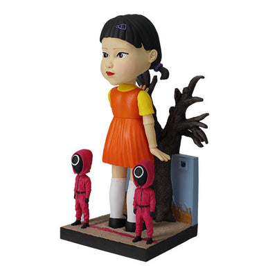 8-inch Squid Games Young-Hee Doll bobblehead displaying intricate details and vibrant colors, nodding on a sturdy base.
