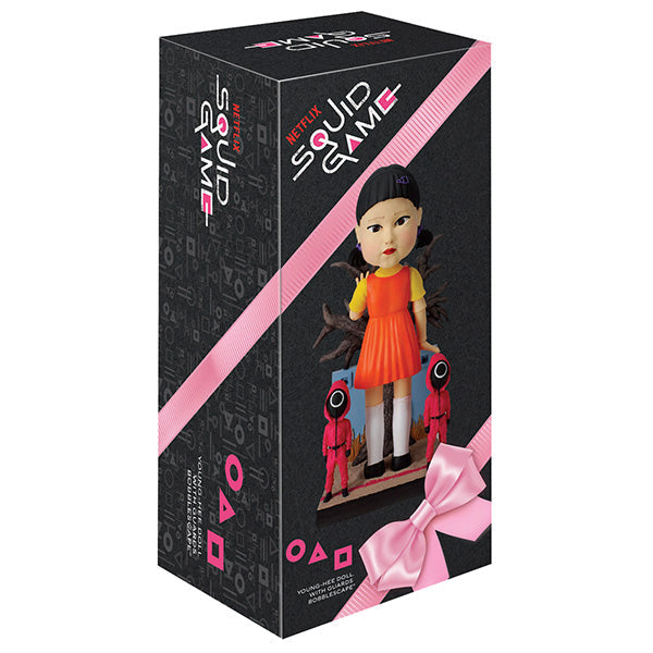8-inch Squid Games Young-Hee Doll bobblehead displaying intricate details and vibrant colors, nodding on a sturdy base.