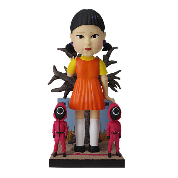 8-inch Squid Games Young-Hee Doll bobblehead displaying intricate details and vibrant colors, nodding on a sturdy base.
