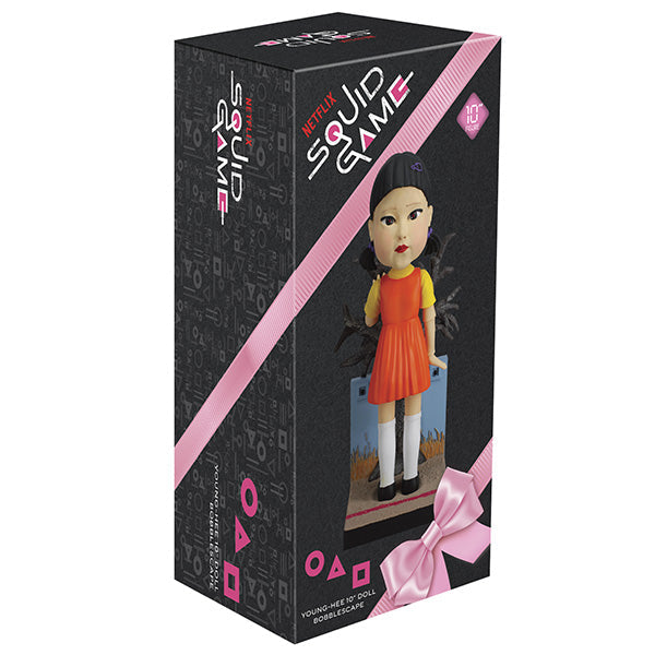 Squid Games Young-Hee Doll 10" bobblehead with detailed features and nodding action, perfect for horror collectors and fans of the series.