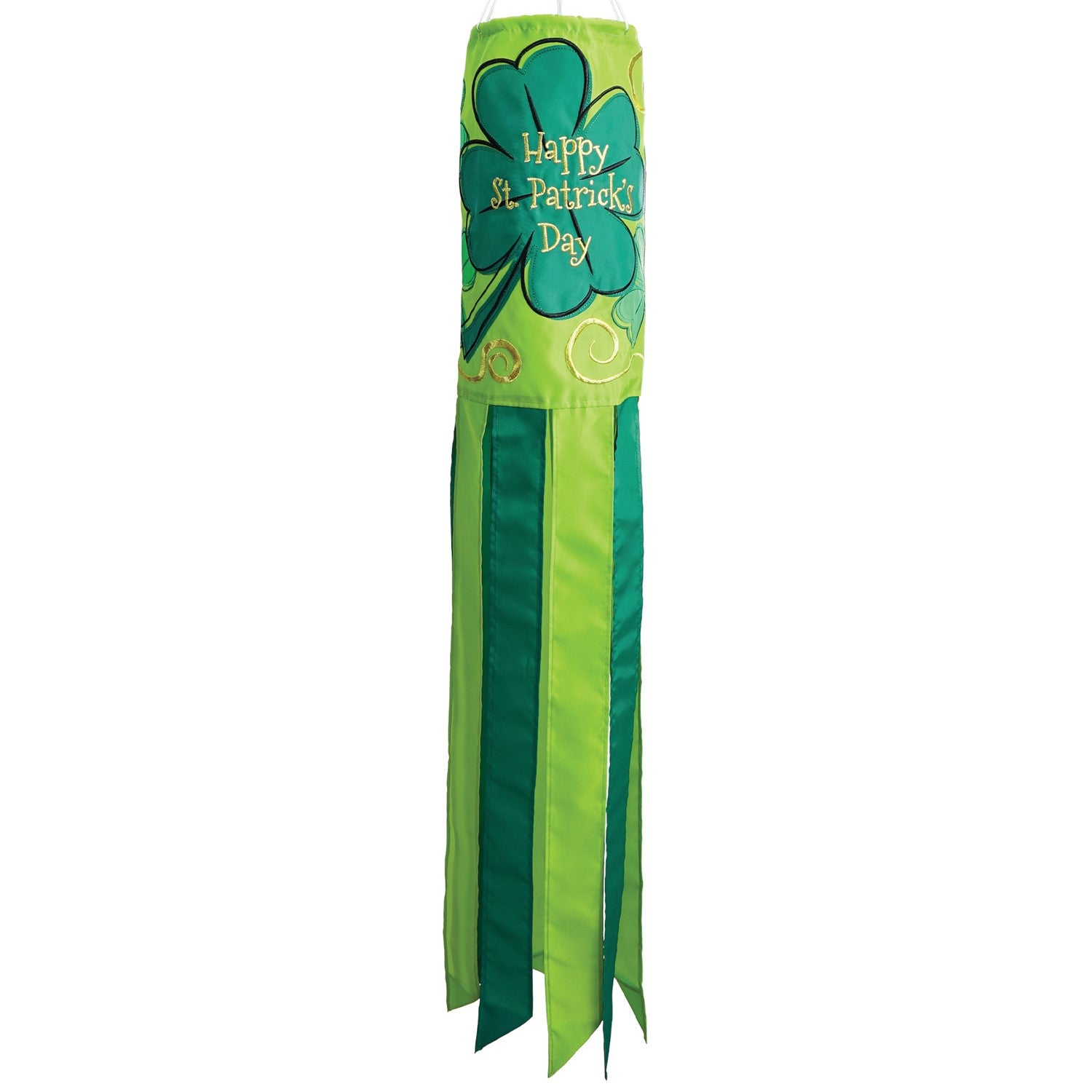 St Patrick's Day 40-inch windsock featuring vibrant four-leaf clover designs and color-coordinated tails, hanging outdoors in a garden.