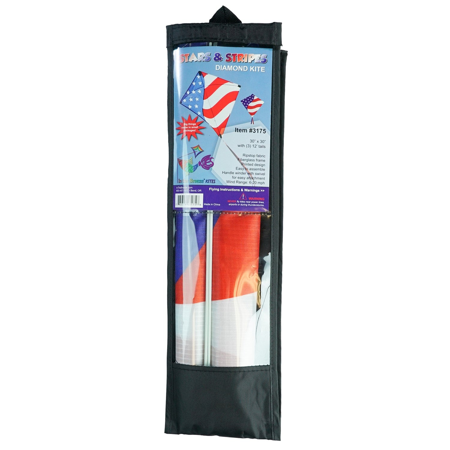 Stars & Stripes 30-inch Diamond Kite with red, white, and blue design, flying high in the sky with decorative tails.