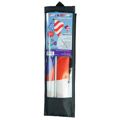 Stars & Stripes 30-inch Diamond Kite with red, white, and blue design, flying high in the sky with decorative tails.