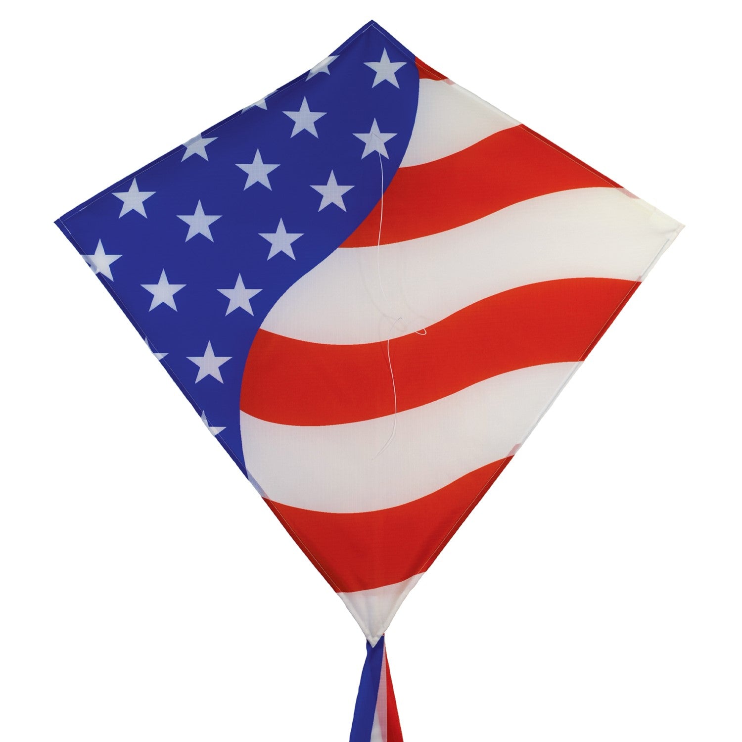 Stars & Stripes 30-inch Diamond Kite with red, white, and blue design, flying high in the sky with decorative tails.