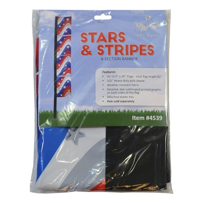 Stars & Stripes 17' x 82' 4-section feather banner displayed outdoors, featuring American flag colors and details visible on both sides.
