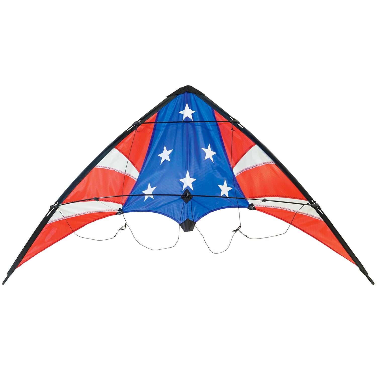 Stars & Stripes 48-inch sport kite with red, white, and blue design flying against a blue sky, showcasing its vibrant colors and dual control.