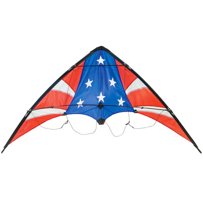 Stars & Stripes 48-inch sport kite with red, white, and blue design flying against a blue sky, showcasing its vibrant colors and dual control.