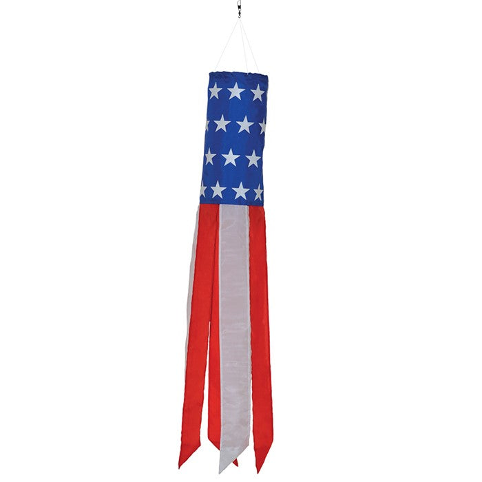 Stars & Stripes 50-inch windsock featuring vibrant red, white, and blue colors with printed stars displayed outdoors, waving gently in the breeze.