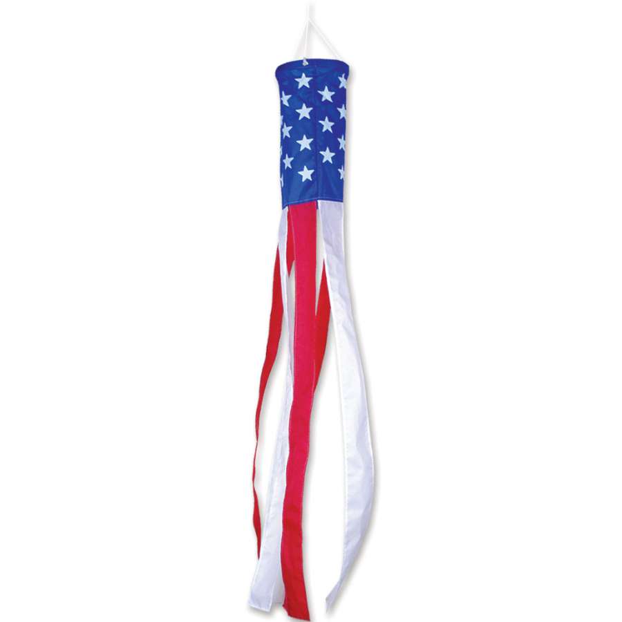 Stars & Stripes Windsock featuring an 18-inch American flag design gently swaying in the wind, enhancing the outdoor decor.