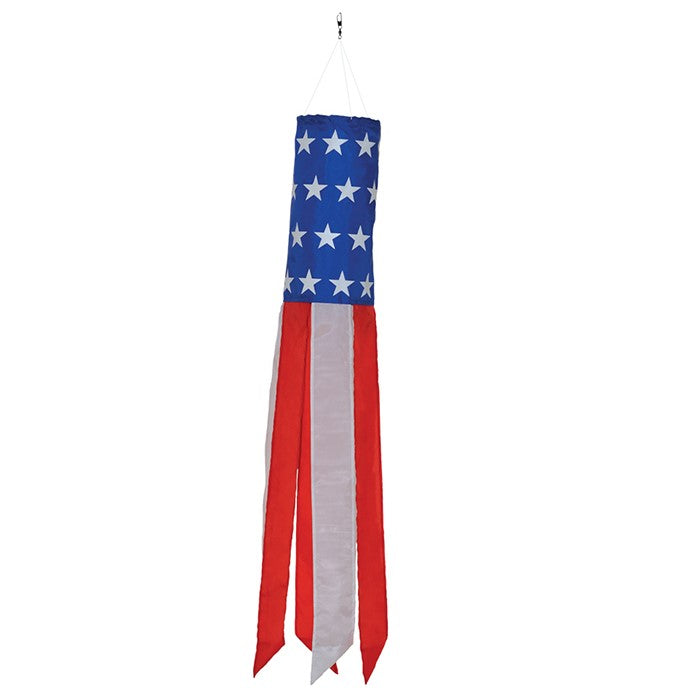 33-inch Stars and Stripes windsock in vibrant red, white, and blue displayed outdoors, showcasing silk-screened stars and colorful tails.
