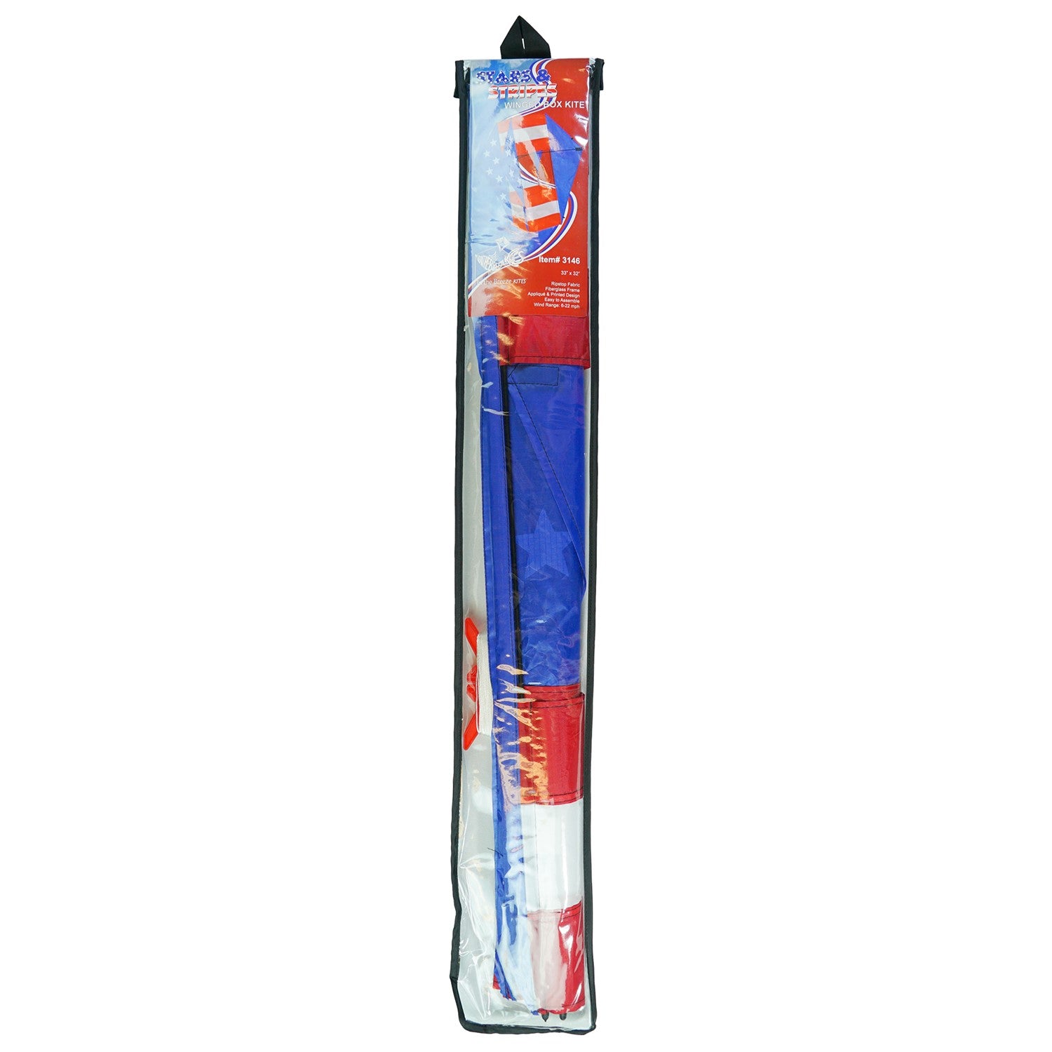 Stars & Stripes Winged Box Kite with a vibrant red, white and blue design soaring against a clear blue sky during an outdoor event.