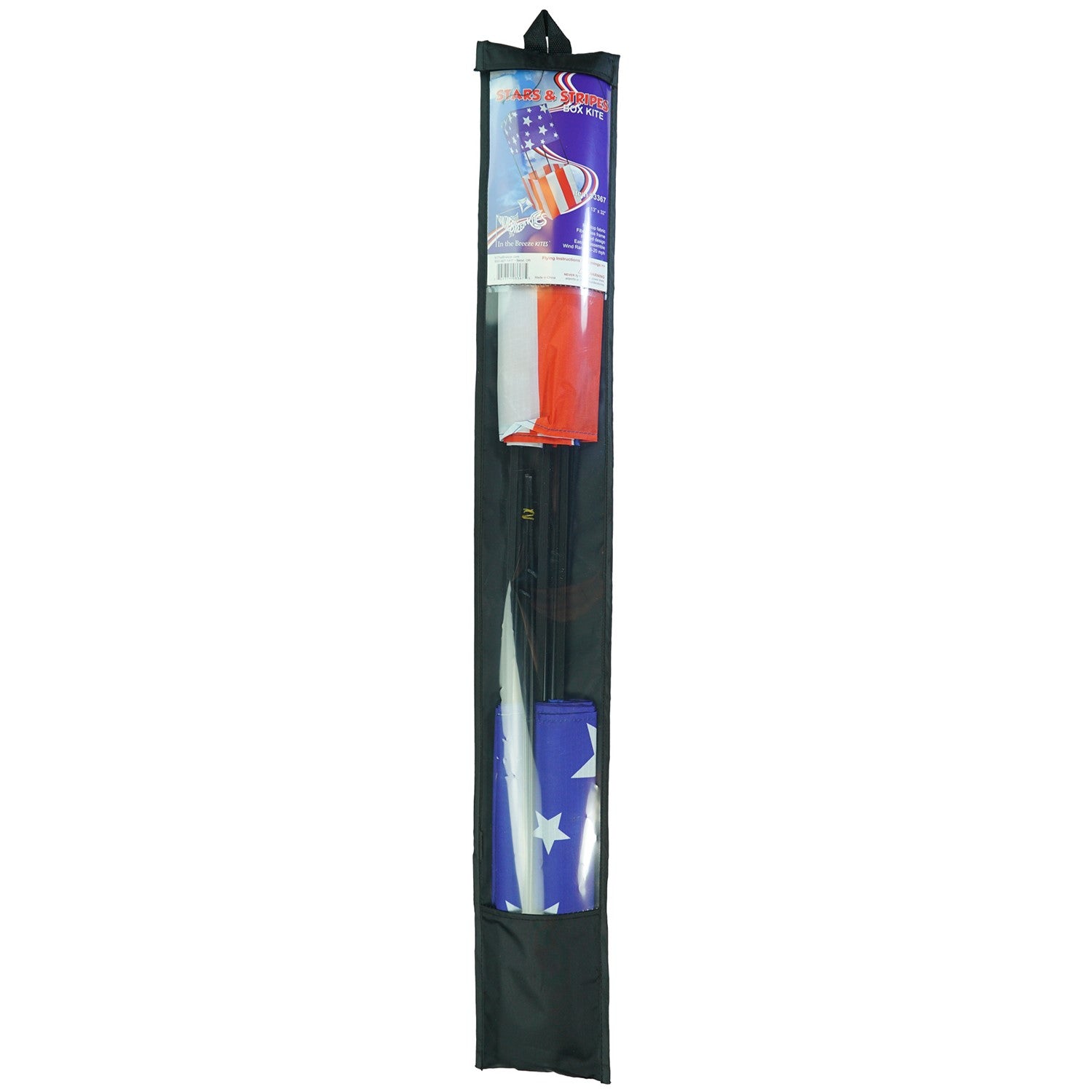 Stars & Stripes Double Box Kite soaring in a blue sky, showcasing vibrant red, white, and blue colors, designed for stability and fun.