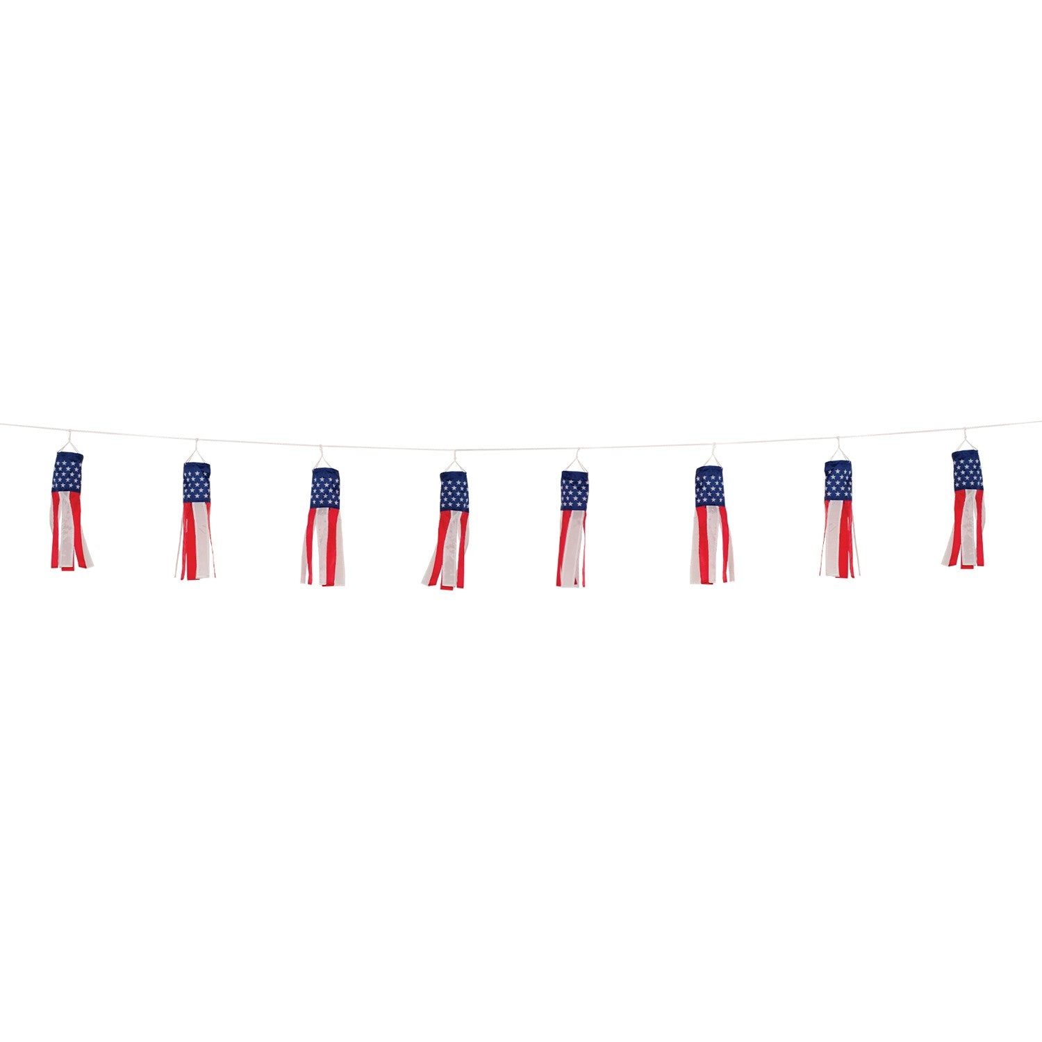 Stars & Stripes String of Babysocs featuring eight 12-inch windsocks swaying in the breeze, showcasing vibrant patriotic colors outdoors.