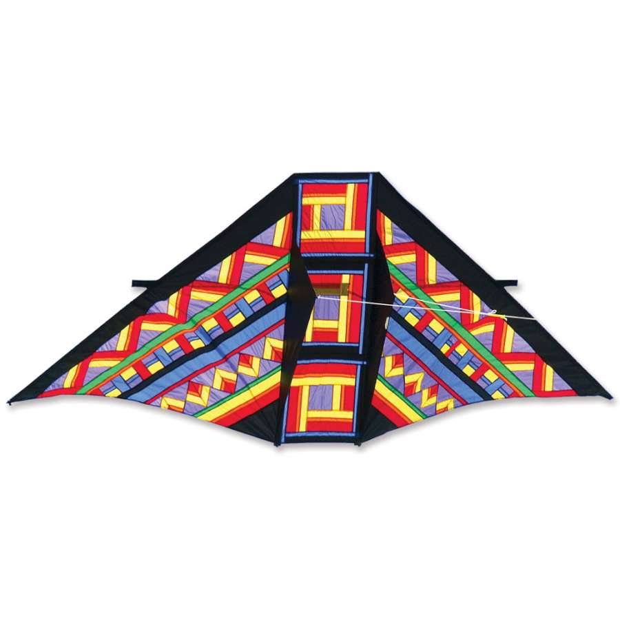 Stratadelta Kite - Tortuga Rainbow featuring bold geometric designs, displaying vividly in a blue sky during a bright day.