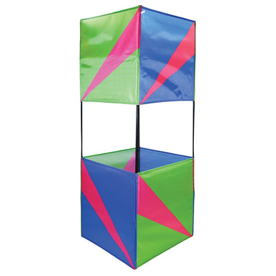 The Strike Double Box Kite soaring in the sky, showcasing its vibrant design and multiple sail surfaces for enhanced stability.