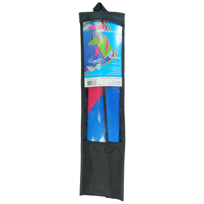 Strike Single Box Kite soaring in a clear blue sky, showcasing vibrant colors and coordinating tails during a sunny outdoor day.