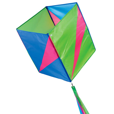 Strike Single Box Kite soaring in a clear blue sky, showcasing vibrant colors and coordinating tails during a sunny outdoor day.