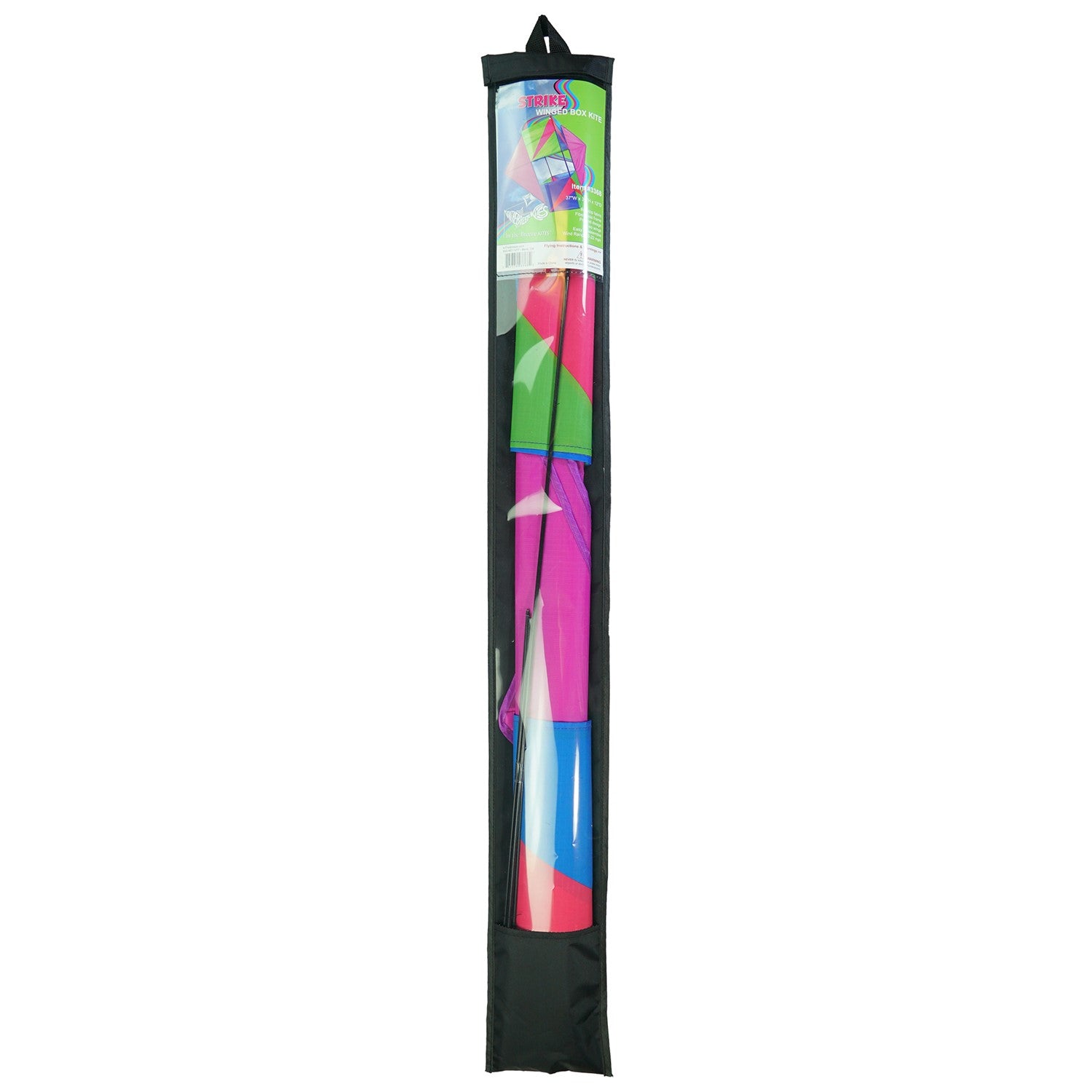 "Strike Winged Double Box Kite with vibrant design and wings displayed flying in a clear blue sky, showcasing its stability and durability.