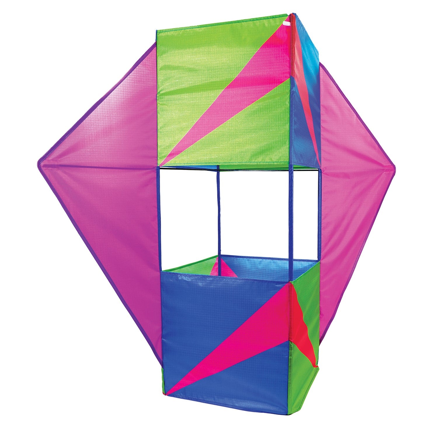 "Strike Winged Double Box Kite with vibrant design and wings displayed flying in a clear blue sky, showcasing its stability and durability.