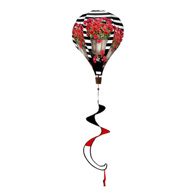Floral hot air balloon spinner with red geraniums, striped design, and weather-resistant polyester for bright, spinning outdoor spring and summer décor.