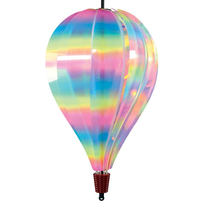 Striped Iridescent 10-Panel Hot Air Balloon spinner, showcasing vibrant colors and smooth spinning action, hanging outdoors amongst greenery.