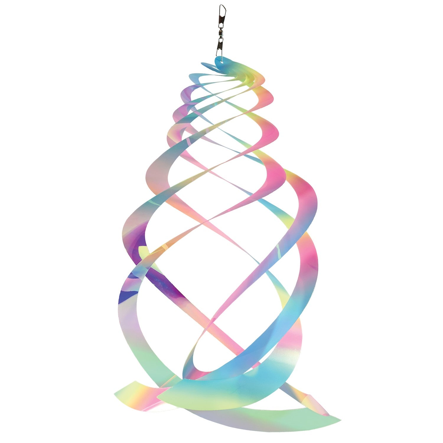 Vibrant Striped Iridescent Crystal Spinner made of Mylar, hanging outdoors with colorful reflections in sunlight, perfect for garden decor.
