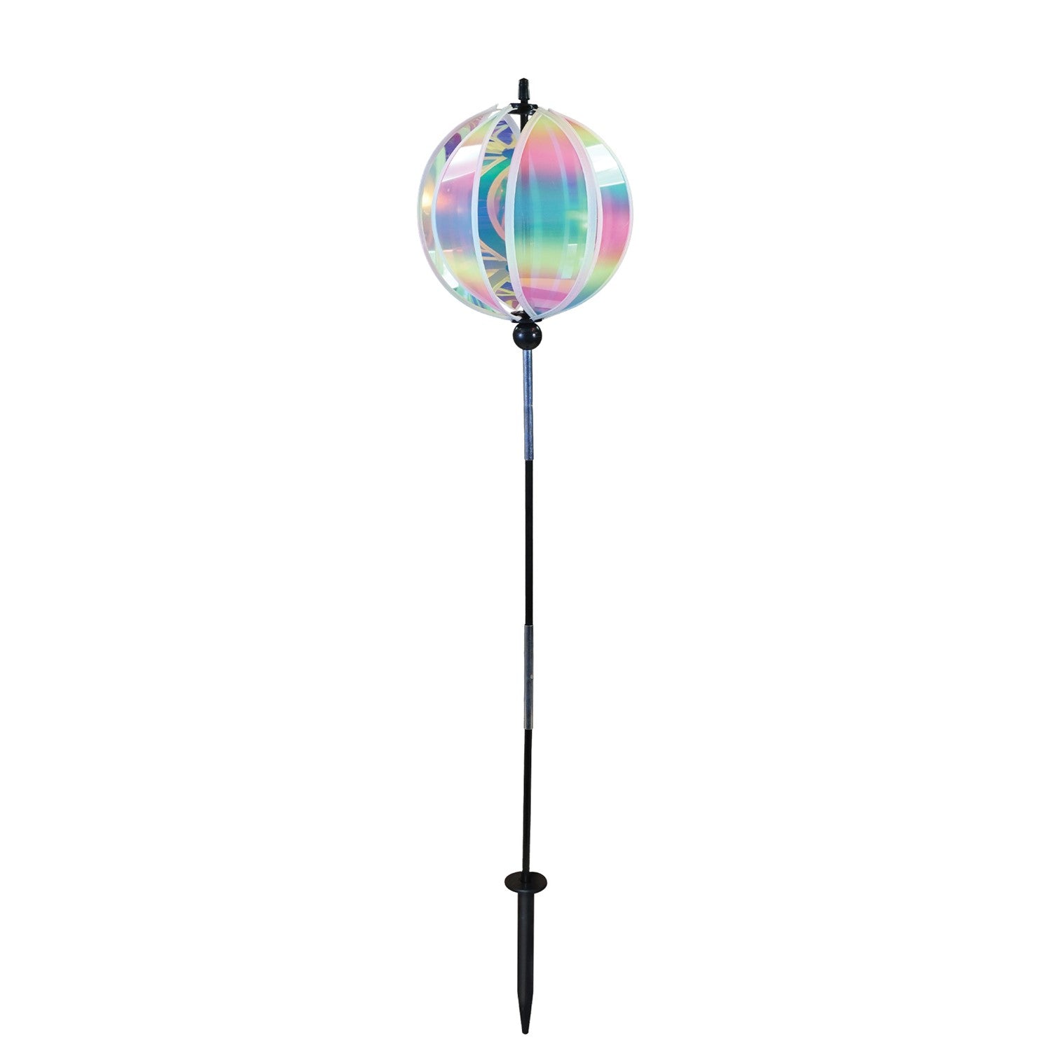 Vibrant 8.5-inch Striped Iridescent Gazing Ball Spinner with colorful patterned panels, set against a lush garden background.