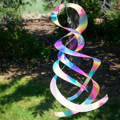 Striped Iridescent Mylar Spin Quartet displayed outside with colorful reflections and a crystal hanging from a chain, spinning elegantly in the breeze.