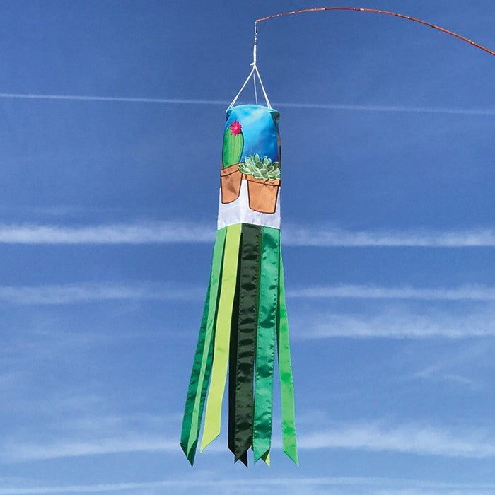 Colorful Succulents 40" Windsock featuring detailed succulent design and vibrant colors, hanging elegantly in an outdoor space.