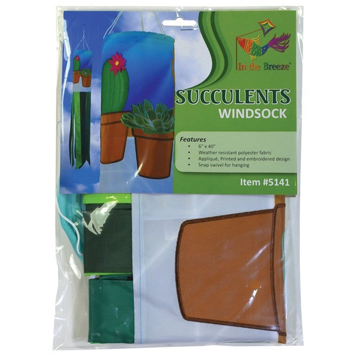 Colorful Succulents 40" Windsock featuring detailed succulent design and vibrant colors, hanging elegantly in an outdoor space.