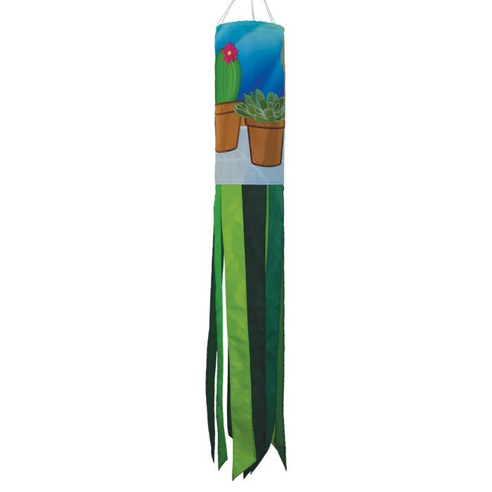 Colorful Succulents 40" Windsock featuring detailed succulent design and vibrant colors, hanging elegantly in an outdoor space.