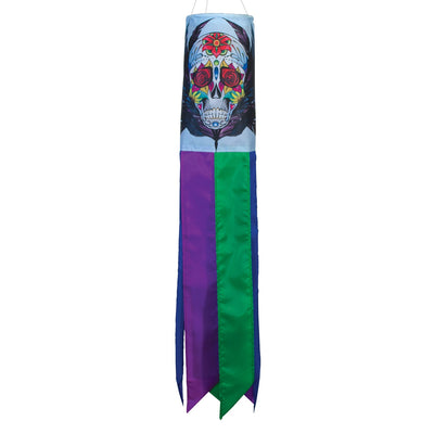 Sugar Skull 30" Windsock showcasing a colorful, intricately detailed sugar skull design swaying in the breeze, perfect for vibrant outdoor decor.