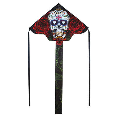 Sugar Skull 45" Fly-Hi Kite featuring a colorful sugar skull design, flying high against a clear blue sky, ideal for family outdoor activities.