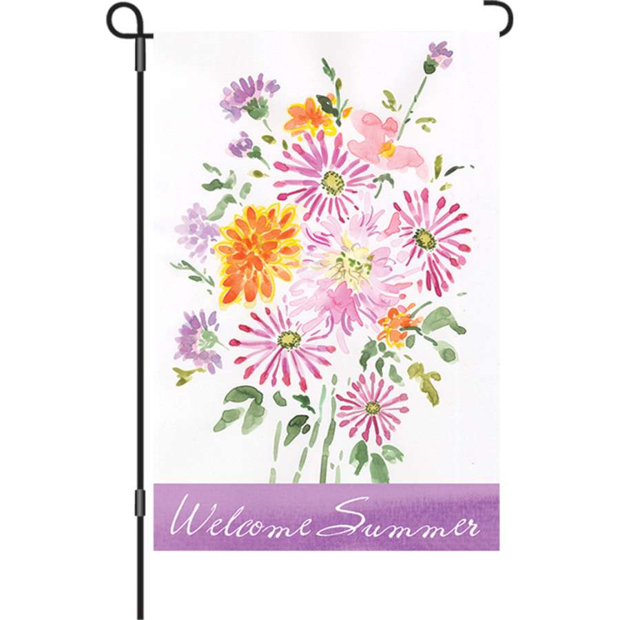 12 in. Summer Bouquet garden flag featuring colorful floral designs, displayed on a stand in an outdoor garden setting.
