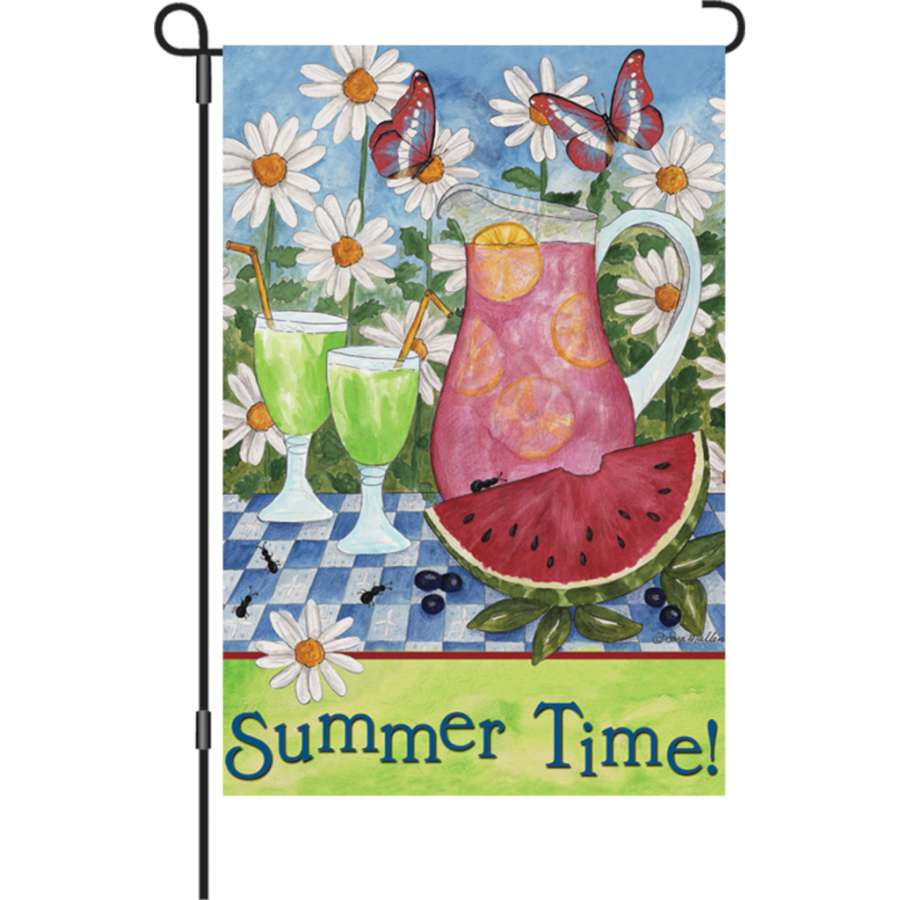 12 in. Summer Cool garden flag with 'Summer Time!' text displayed in a lush garden setting, showcasing vibrant colors and soft fabric.