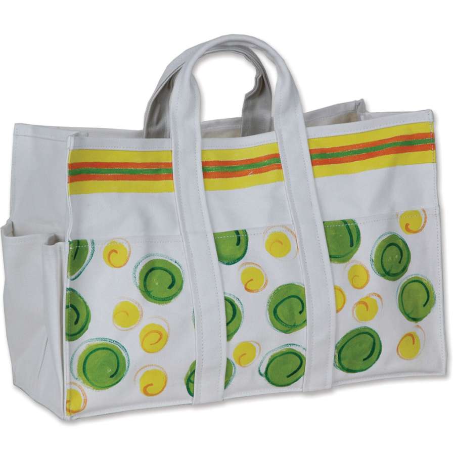Summer Dot Canvas Tote Bag measuring 16.5x10.75x7 inches in colorful hand-painted design, featuring multiple pockets for tools and accessories.