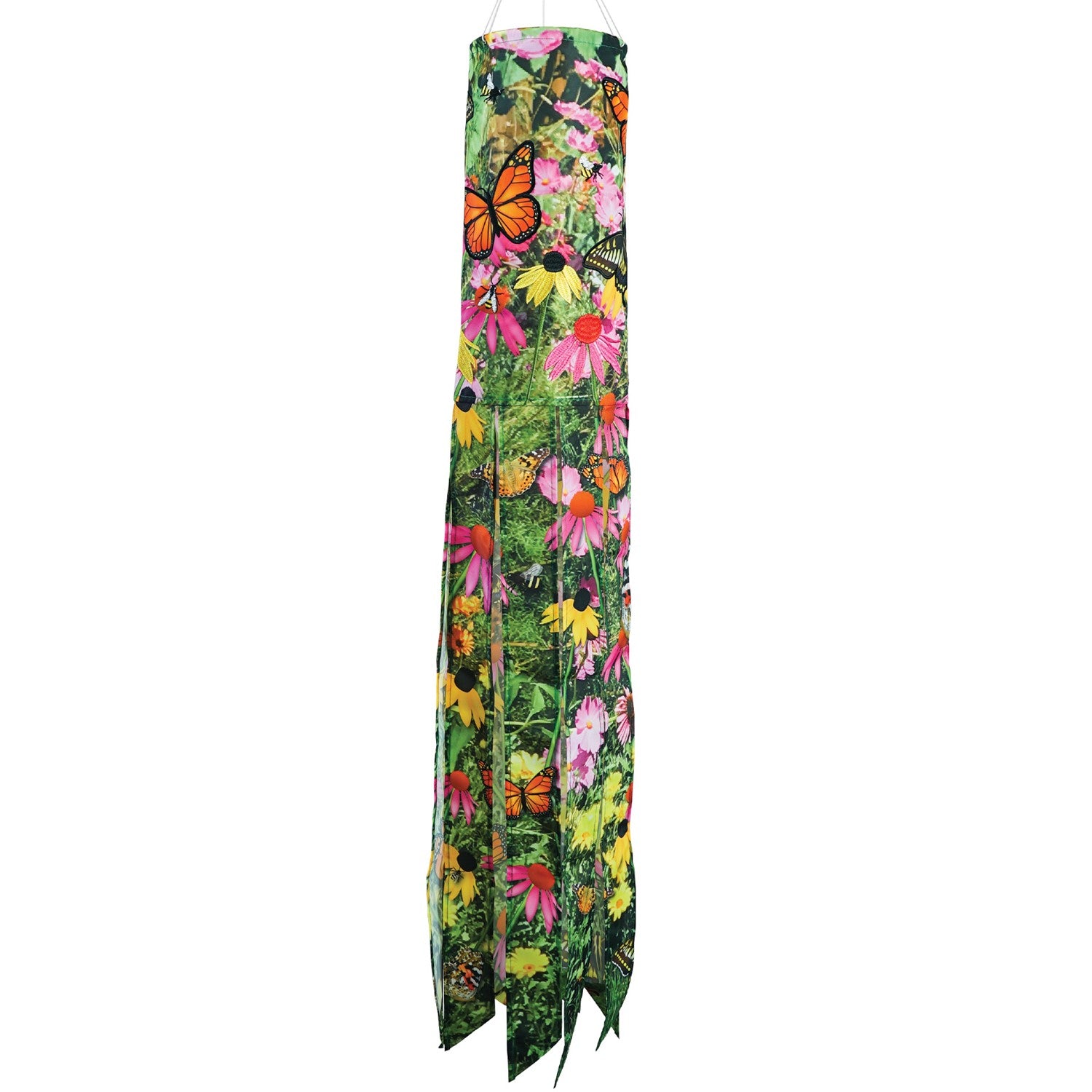 Summer Garden 40-Inch Illusion Windsock with vibrant printed design and embroidered details, gracefully hanging outdoors in a sunny garden setting.