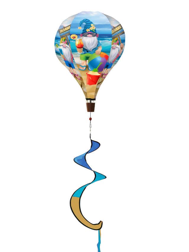 Hot air balloon spinner with tropical summer gnomes, beach elements, and weather-resistant polyester for vibrant, breezy outdoor summer garden décor.