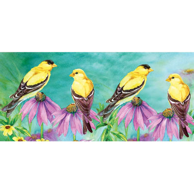 Summer Goldfinches windsock displaying bright goldfinches and flowers, elegantly swaying in the outdoor breeze, showcasing its traditional design.