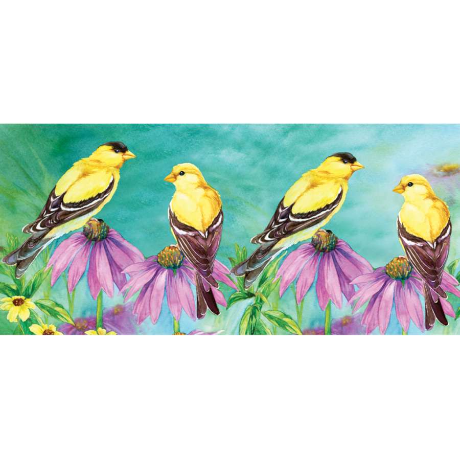 Summer Goldfinches windsock displaying bright goldfinches and flowers, elegantly swaying in the outdoor breeze, showcasing its traditional design.