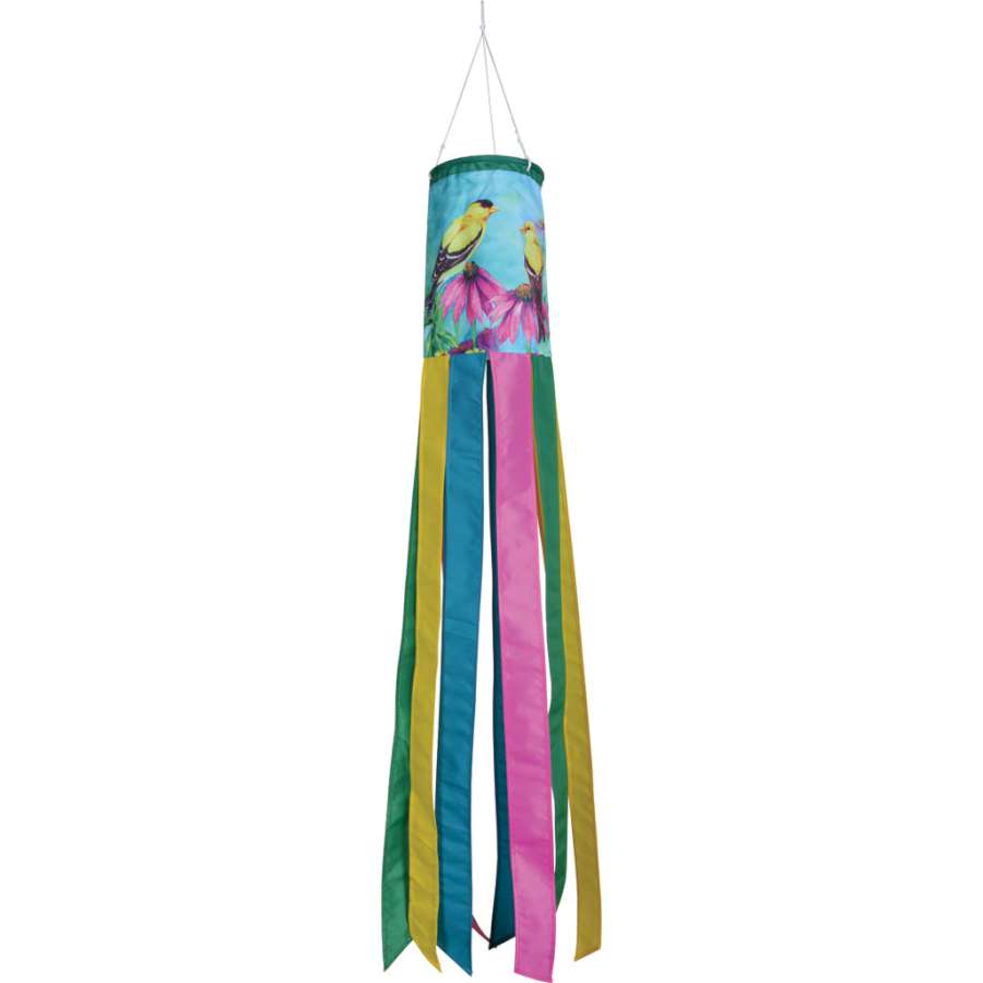 Summer Goldfinches windsock displaying bright goldfinches and flowers, elegantly swaying in the outdoor breeze, showcasing its traditional design.