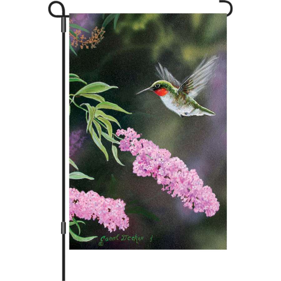 Summer Joy illuminated garden flag measuring 12 inches, featuring vibrant designs of summer nature displayed on a decorative outdoor stand.