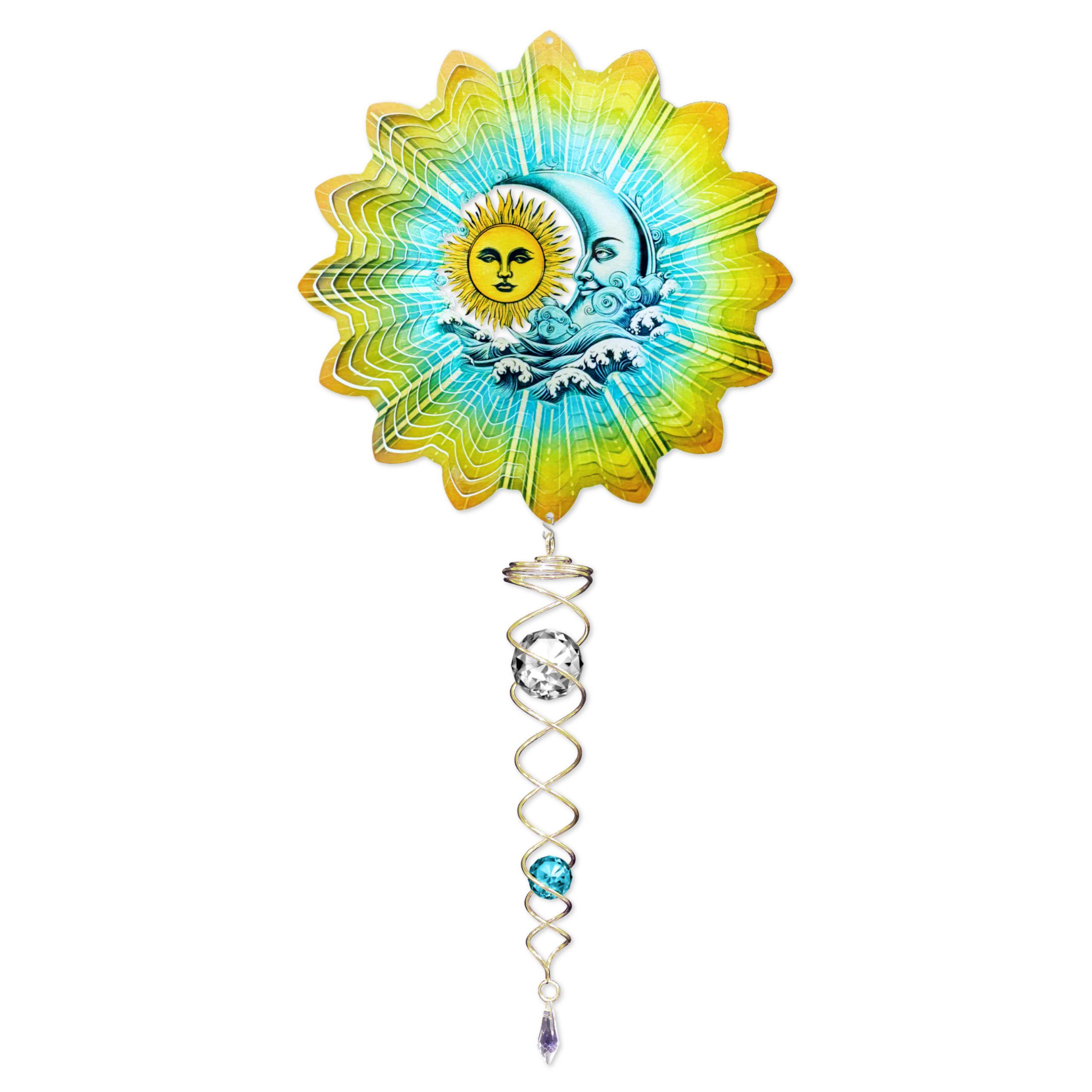 Sun and Moon mini set wind spinner displaying vibrant sun and blue moon designs, spinning gently in a breeze, with crystal twister adding sparkle.
